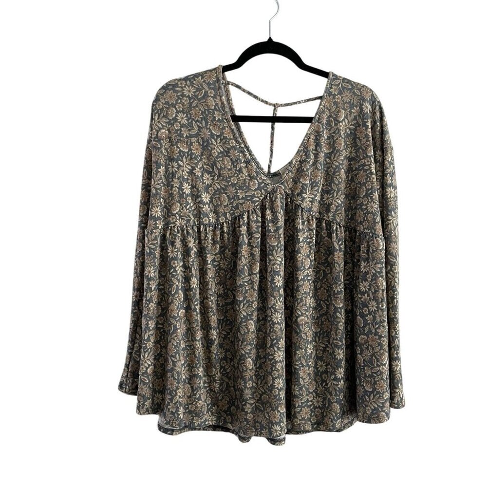 Byron Bay Women L Floral Boho Strappy Back Long Sleeve V-Neck Babydoll Blouse